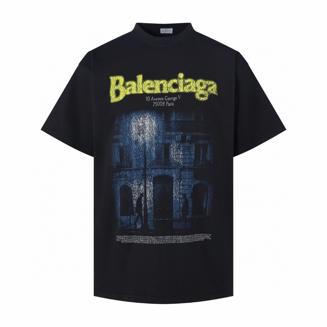 Balenciaga 巴黎世家 乔治五世大道地标艺术印花圆领短袖 T恤 夏季 黑色 A2 764235TUVO61041