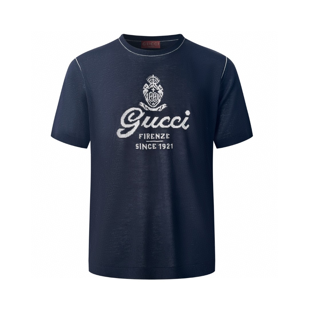 GUCCI 古驰 字母拼色嵌花针织衫短袖 T恤 夏季 藏蓝色 A7 851828-XKFC8-4041