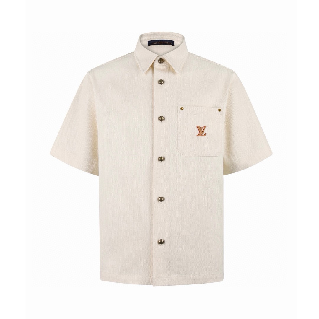 LOUIS VUITTON 路易威登 LV 丝棉混纺皮标衬衫 短袖 外套 夏款 米白色 B0 1AK7CF