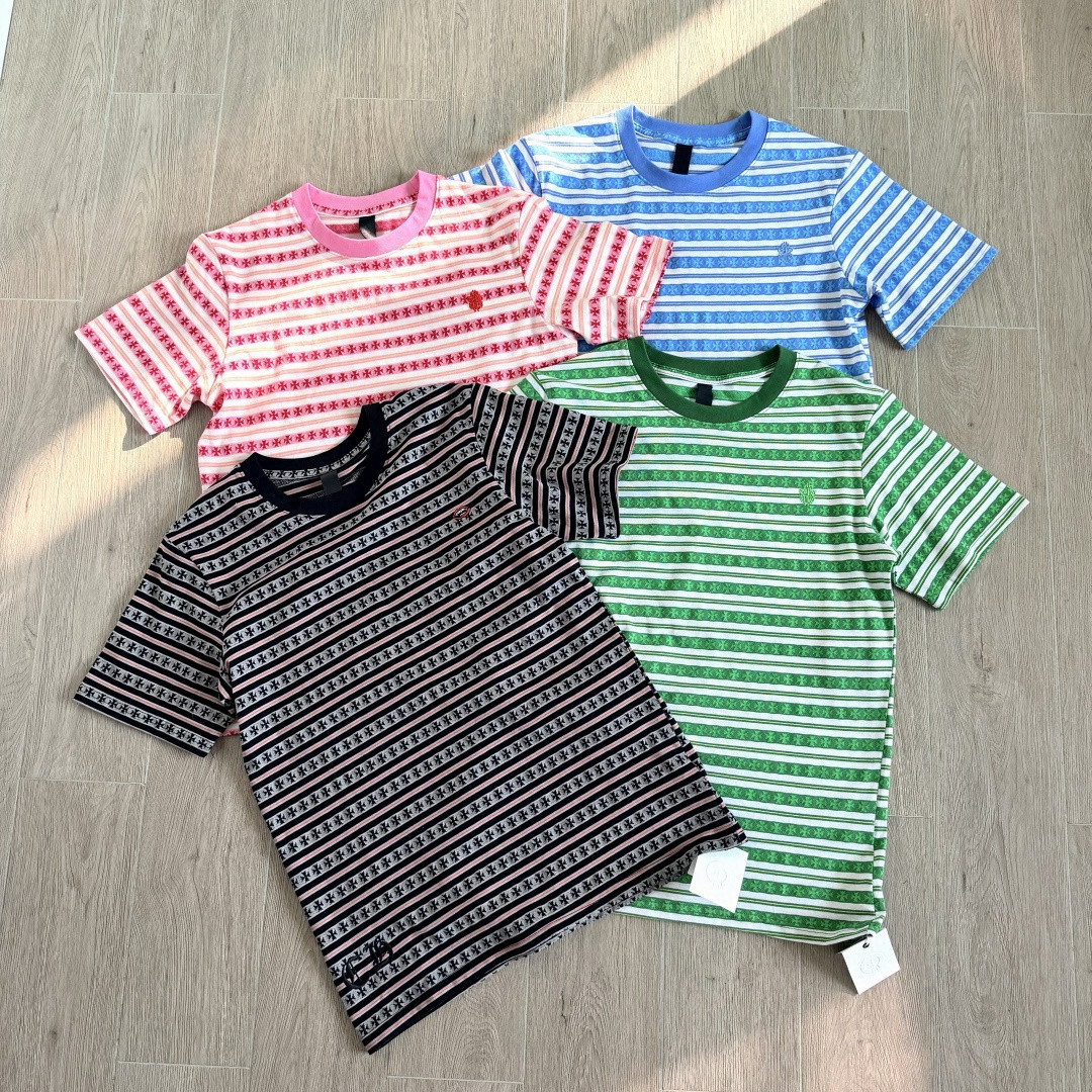 Chrome Hearts 克罗心 色织满印条纹圆领短袖 T恤 蓝色 粉色 黑色 绿色 A0 CH-036009158