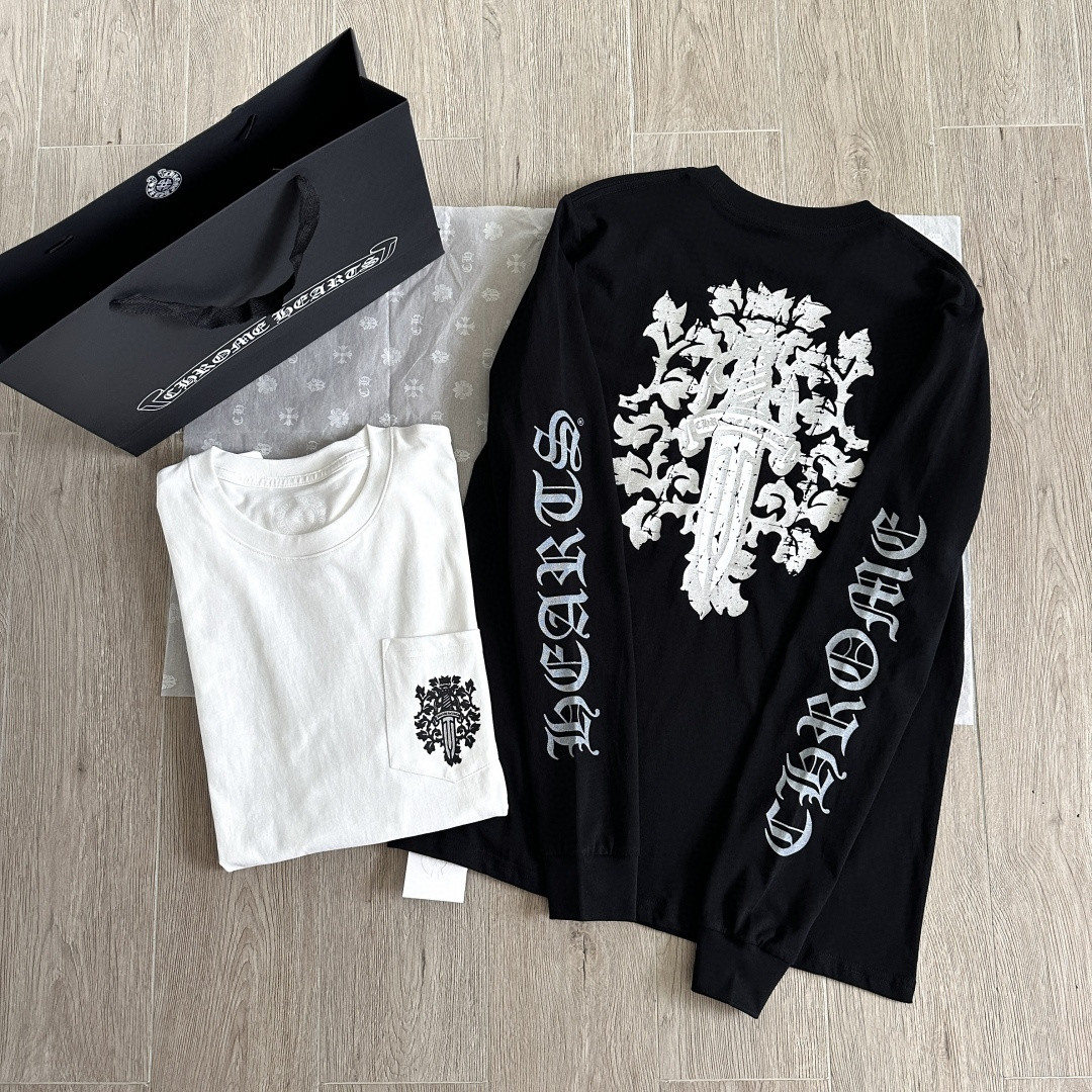 ]Chrome Hearts 克罗心 CH 宝剑藤蔓烫银梵文圆领长袖T恤 黑色 白色