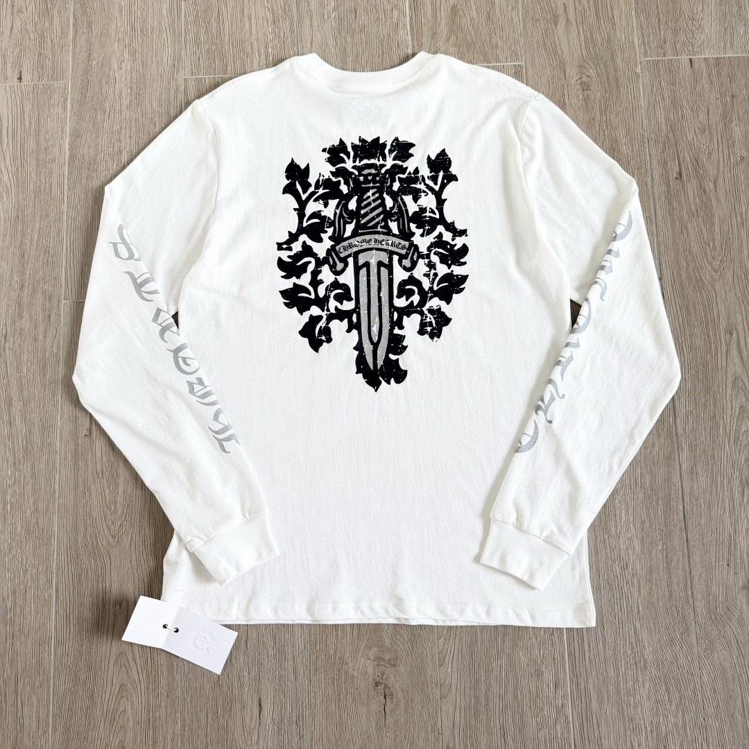 ]Chrome Hearts 克罗心 CH 宝剑藤蔓烫银梵文圆领长袖T恤 黑色 白色