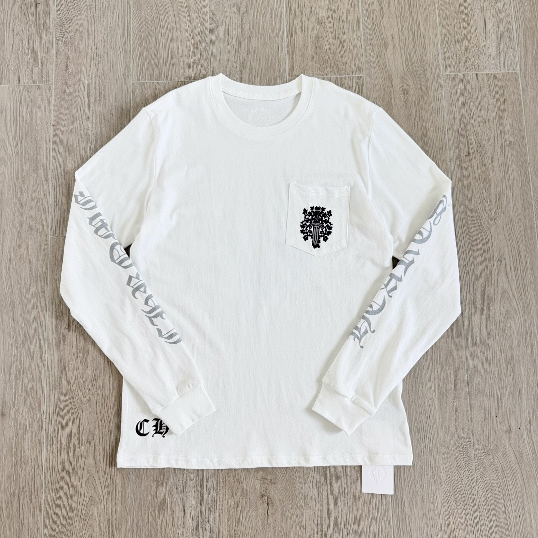 ]Chrome Hearts 克罗心 CH 宝剑藤蔓烫银梵文圆领长袖T恤 黑色 白色