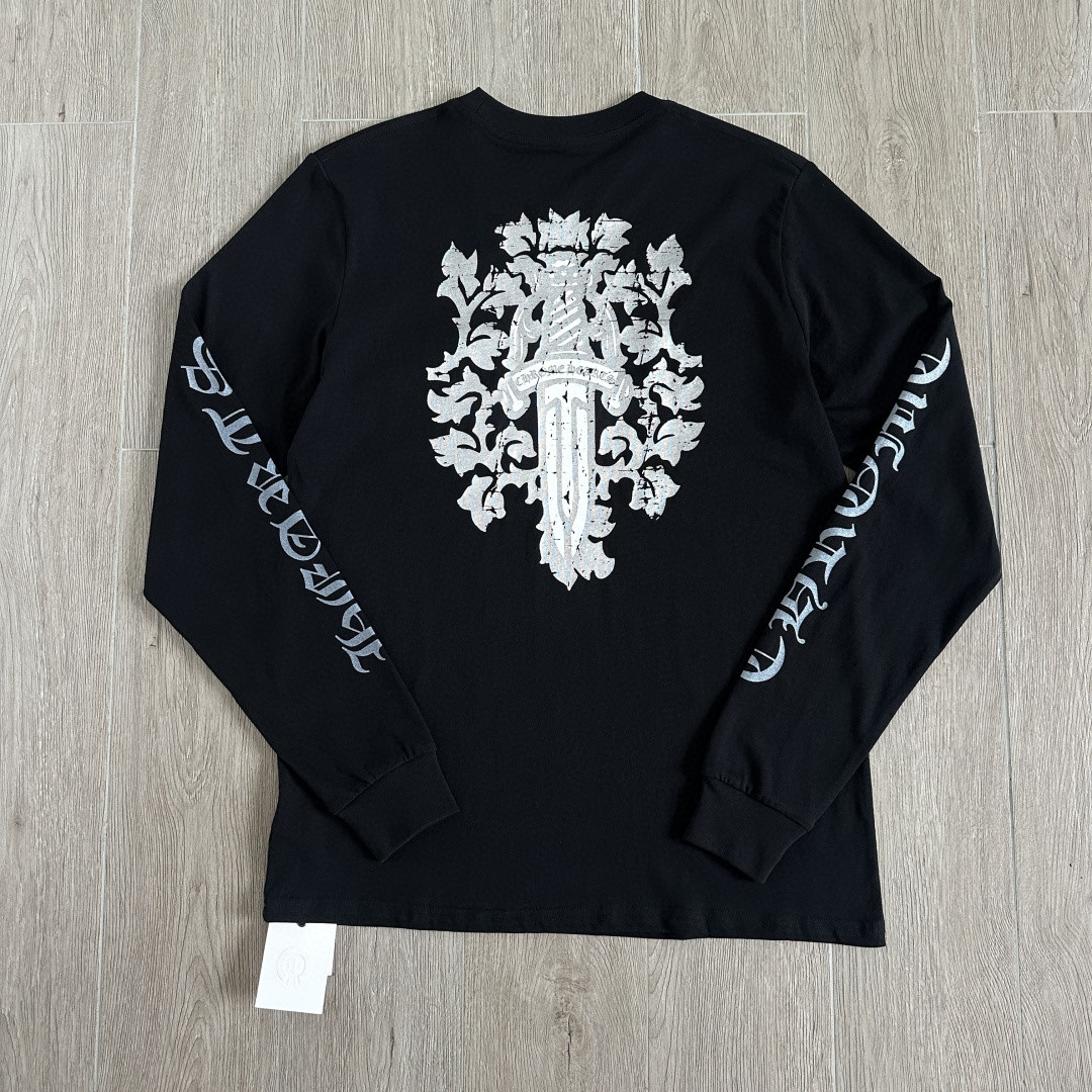 ]Chrome Hearts 克罗心 CH 宝剑藤蔓烫银梵文圆领长袖T恤 黑色 白色