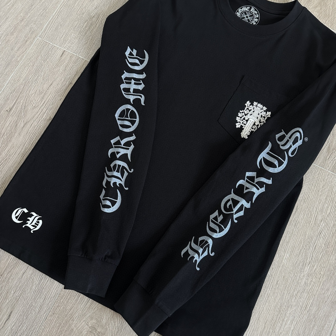 ]Chrome Hearts 克罗心 CH 宝剑藤蔓烫银梵文圆领长袖T恤 黑色 白色