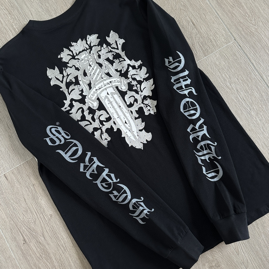 ]Chrome Hearts 克罗心 CH 宝剑藤蔓烫银梵文圆领长袖T恤 黑色 白色