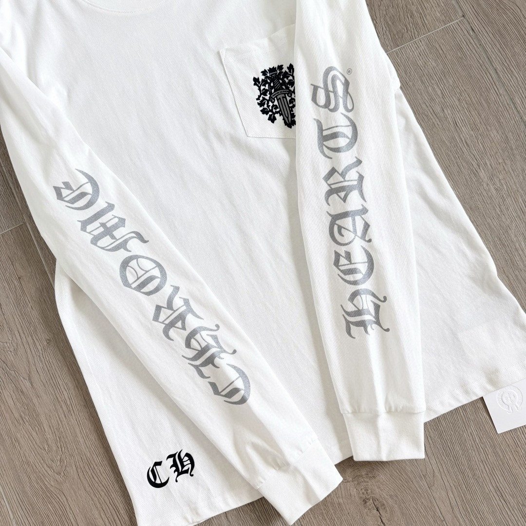 ]Chrome Hearts 克罗心 CH 宝剑藤蔓烫银梵文圆领长袖T恤 黑色 白色