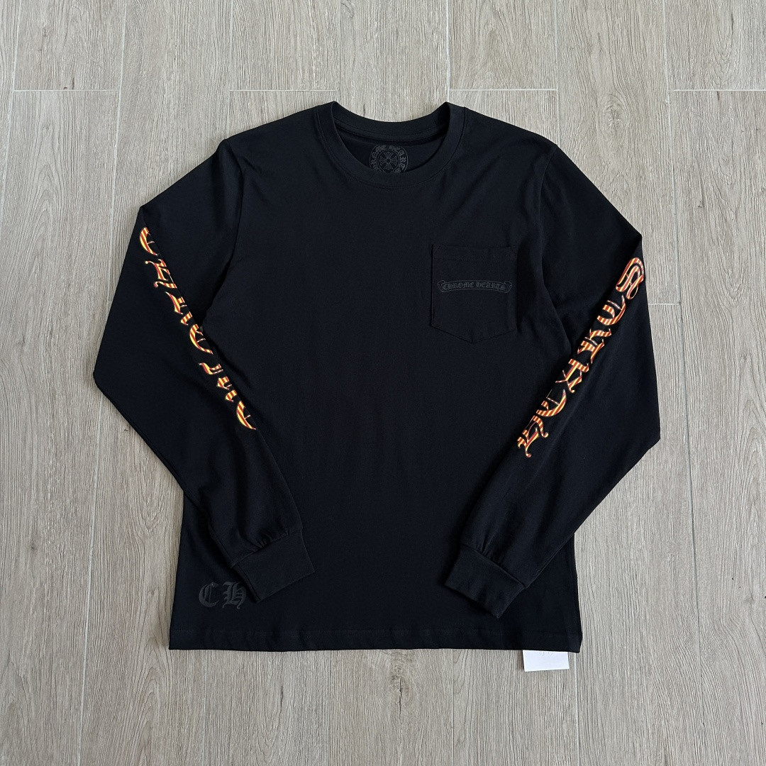 Chrome Hearts 克罗心 CH 宝剑藤蔓条纹撞色梵文圆领长袖T恤 黑橙色