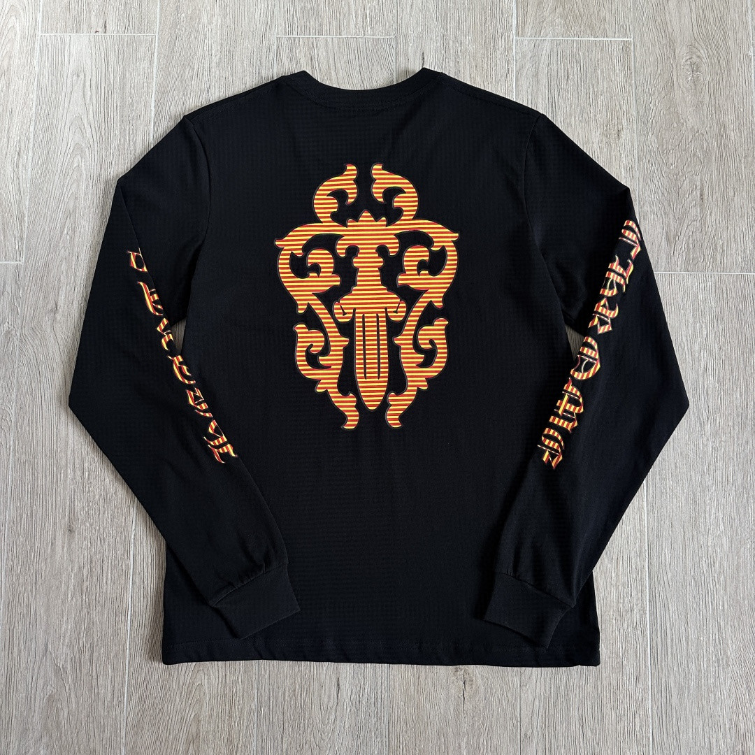 Chrome Hearts 克罗心 CH 宝剑藤蔓条纹撞色梵文圆领长袖T恤 黑橙色