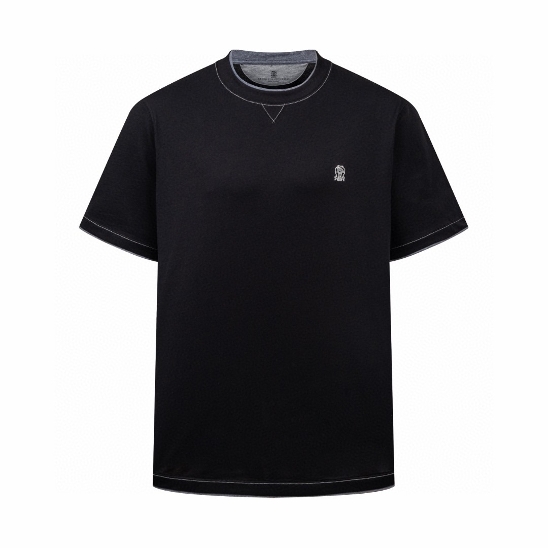 Brunello Cucinelli BC 拼色刺绣标识刺绣假两件圆领短袖 T恤 黑色 A5 MOB137451G-CCB75