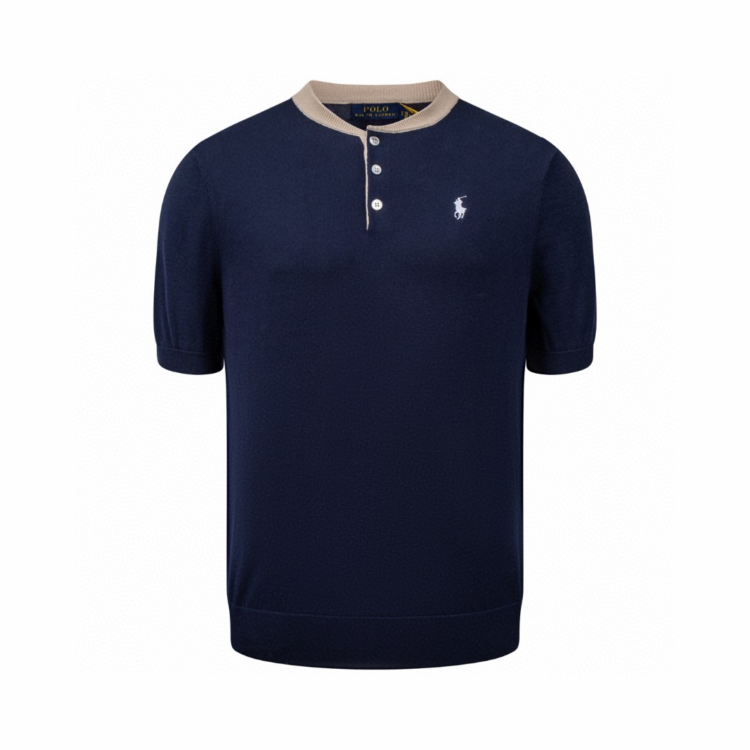 Ralph Lauren 拉夫劳伦 拼色亨利领标识刺绣针织衫 短袖 灰色 蓝色 B0 