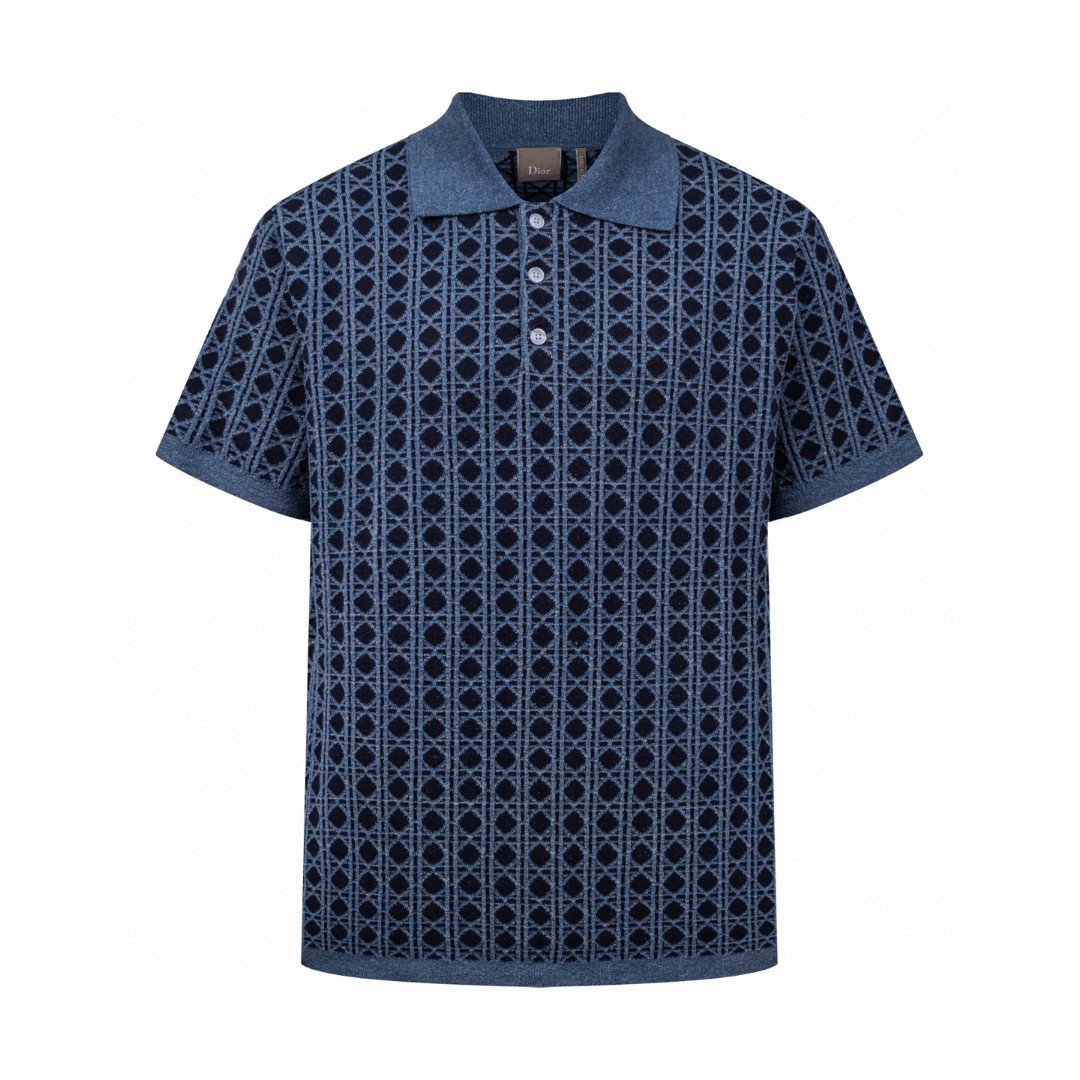 DIOR 迪奥 菱格纹提花羊毛混纺针织polo衫 短袖 T恤 夏季 蓝色 B5 693M806A7687-C585