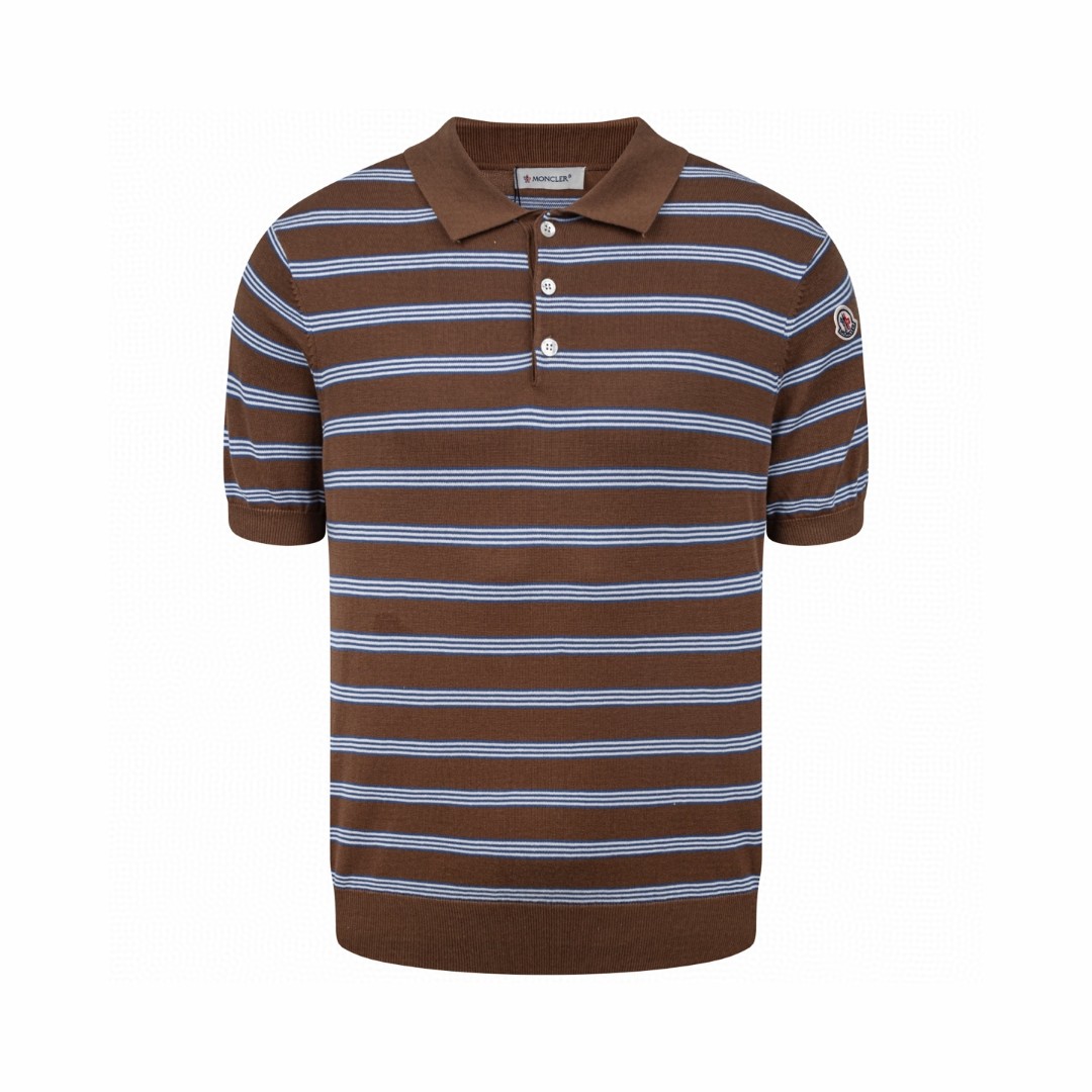 Moncler 蒙口 撞色条纹针织Polo衫 短袖 T恤 夏季 蓝棕色 B0 L10919A00005M1367P28