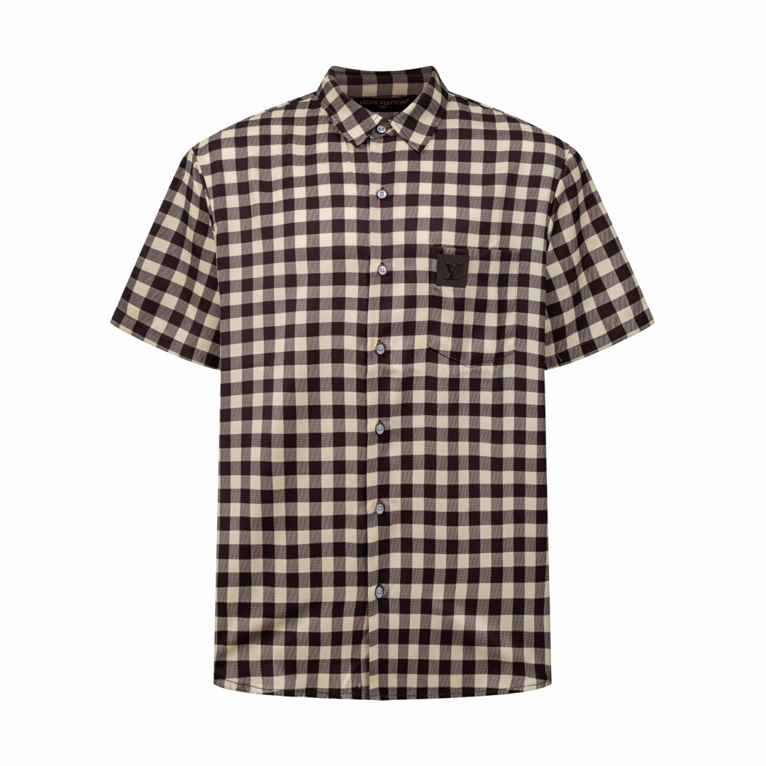 LOUIS VUITTON 路易威登 DAMIER 格纹皮标章仔衬衫 短袖 棕色 B0 1AJRGH