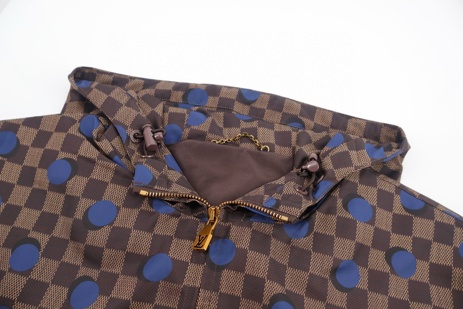 LOUIS VUITTON 路易威登 棋盘格波点拉链连帽防风外套 夹克 长袖 棕色 C0 1AK6MG