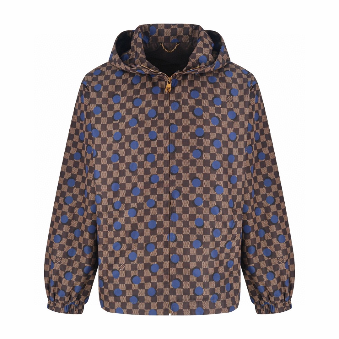LOUIS VUITTON 路易威登 棋盘格波点拉链连帽防风外套 夹克 长袖 棕色 C0 1AK6MG