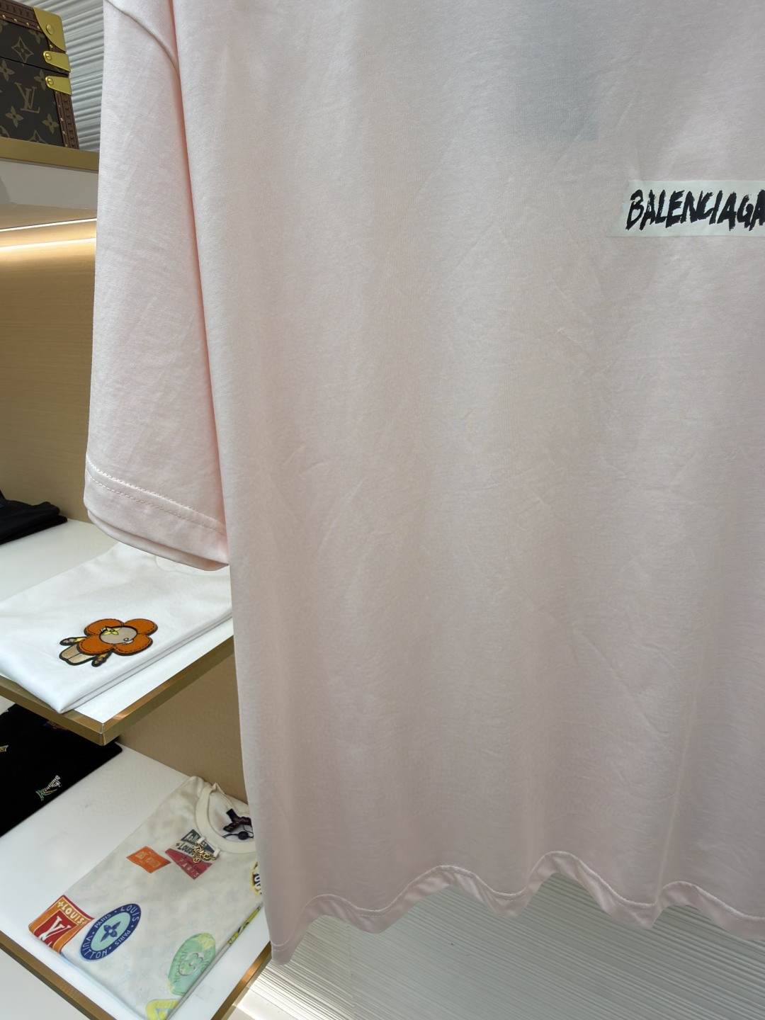 Balenciaga 巴黎世家 白底胶带印花圆领短袖 T恤 圆领 夏季 粉色 A0