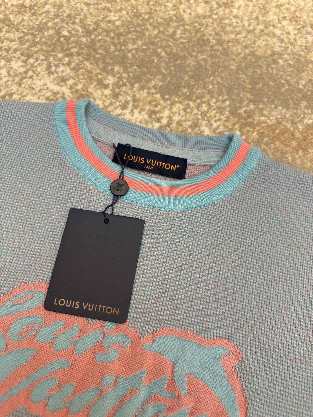 LOUIS VUITTON 路易威登 LV 华夫格海豚提花针织衫 短袖 T恤 夏款 灰蓝色 B0 1AHVO0