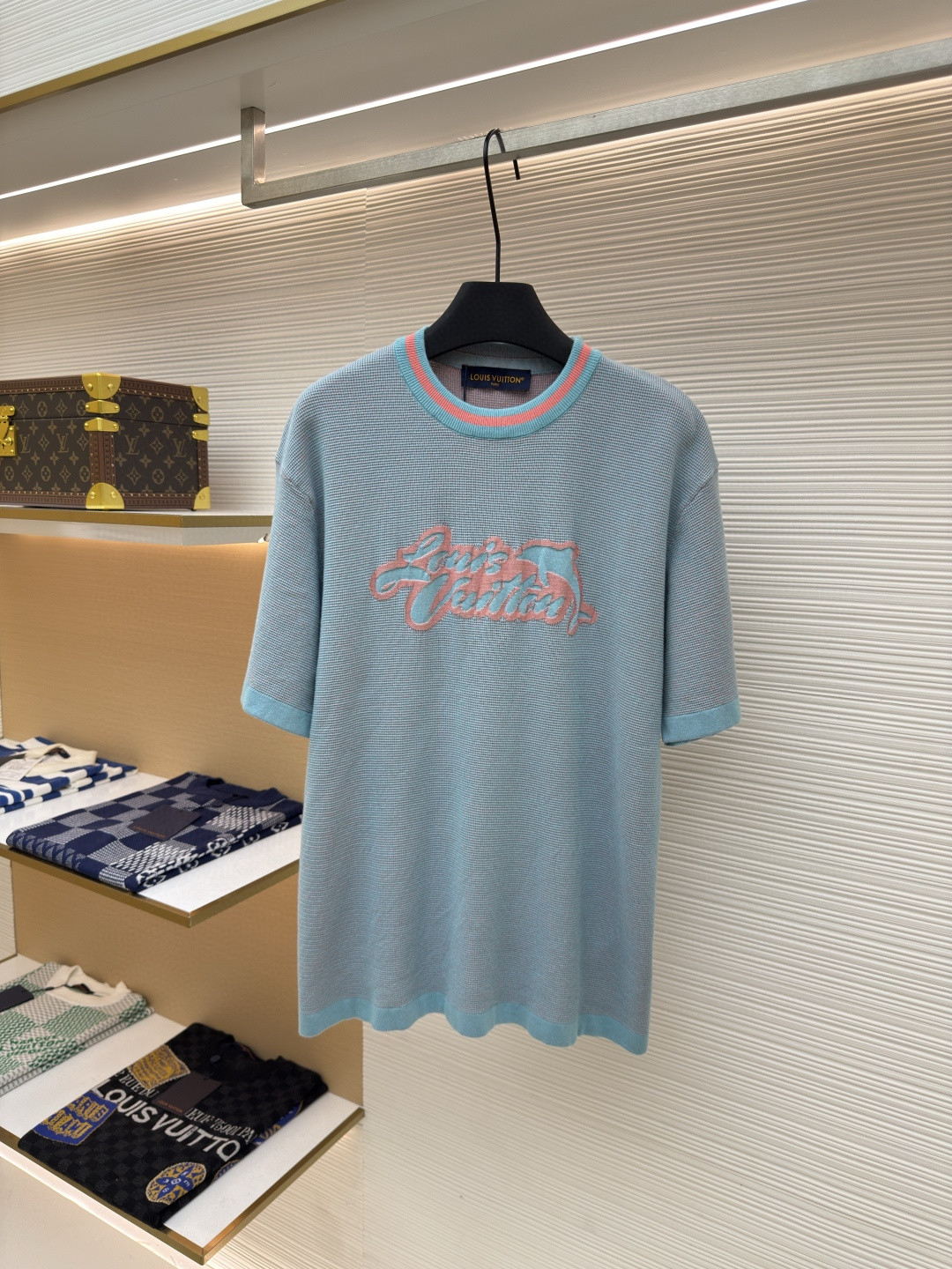 LOUIS VUITTON 路易威登 LV 华夫格海豚提花针织衫 短袖 T恤 夏款 灰蓝色 B0 1AHVO0