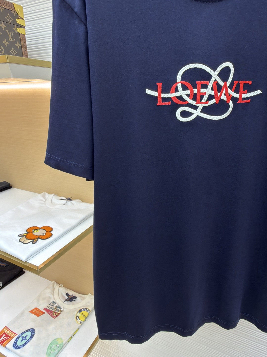 Loewe 罗意威 麻绳刺绣圆领短袖 T恤 白色 藏蓝色 A0