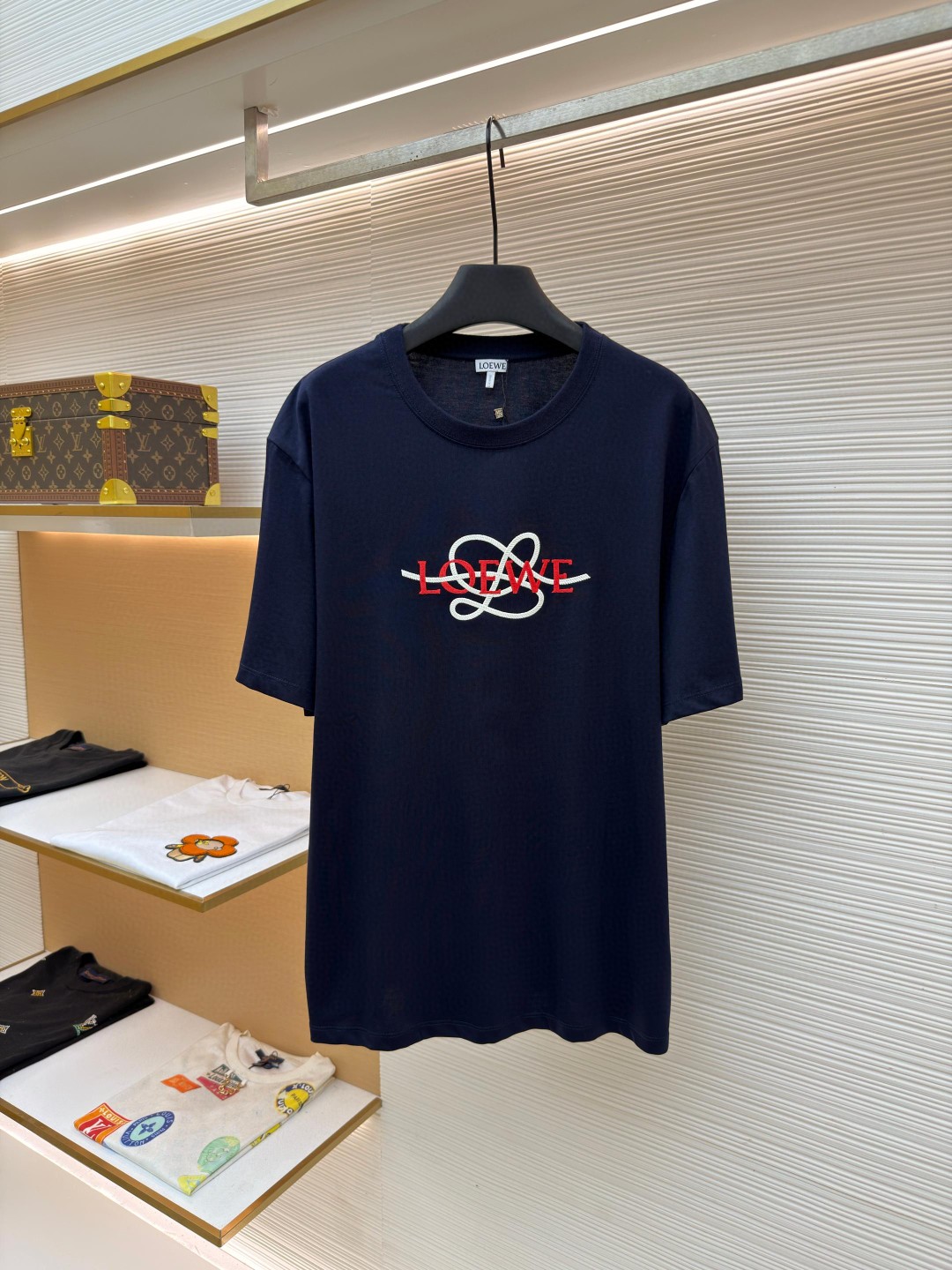 Loewe 罗意威 麻绳刺绣圆领短袖 T恤 白色 藏蓝色 A0