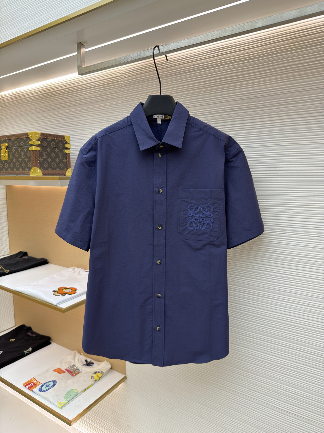 Loewe 罗意威 贴袋绣花短袖衬衫 外套 夏季 藏蓝色 B0 H616Y05X93-5110