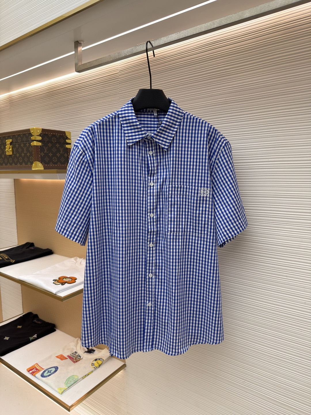 Loewe 罗意威 刺绣格纹短袖衬衫 外套 夏季 蓝色 B0 H616Y05XA3-5102