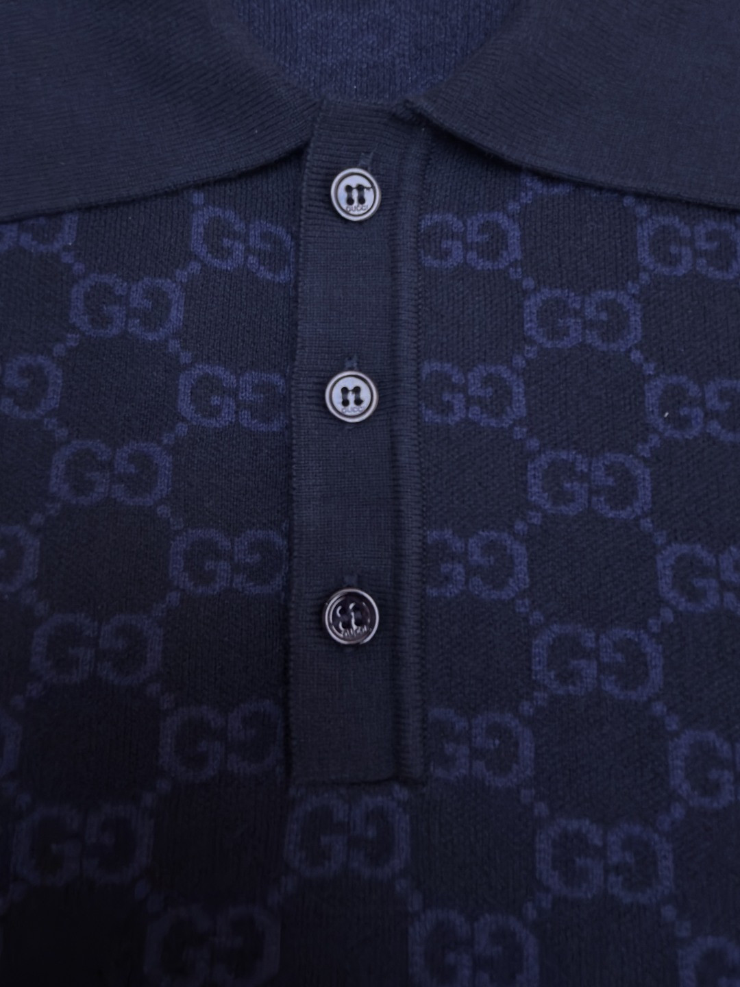 GUCCI 古驰 满印锁扣针织POLO衫 针织衫 夏季 短袖 藏蓝色 B0 