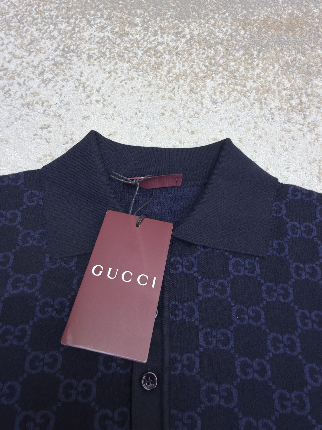 GUCCI 古驰 满印锁扣针织POLO衫 针织衫 夏季 短袖 藏蓝色 B0 