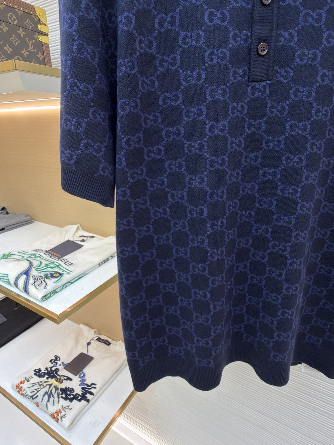 GUCCI 古驰 满印锁扣针织POLO衫 针织衫 夏季 短袖 藏蓝色 B0 