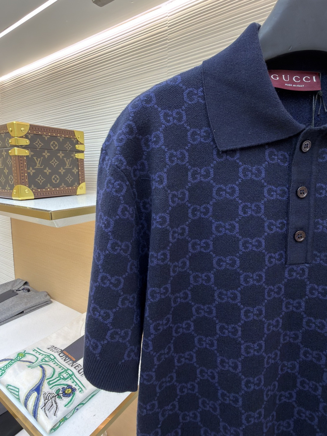 GUCCI 古驰 满印锁扣针织POLO衫 针织衫 夏季 短袖 藏蓝色 B0 