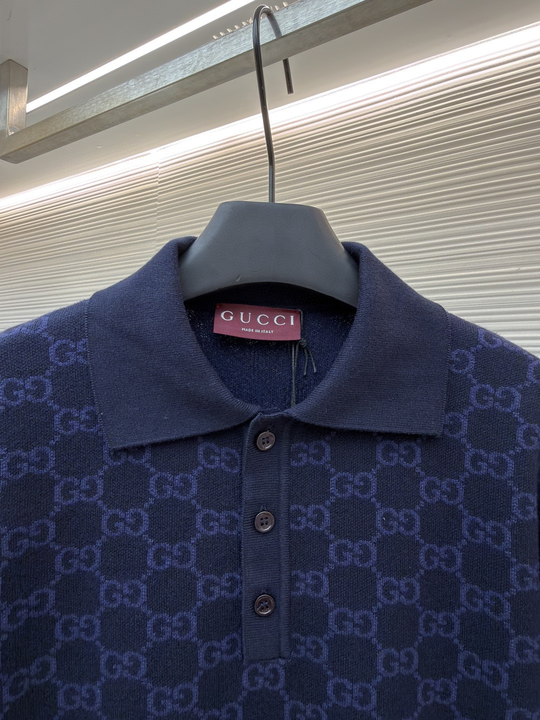 GUCCI 古驰 满印锁扣针织POLO衫 针织衫 夏季 短袖 藏蓝色 B0 