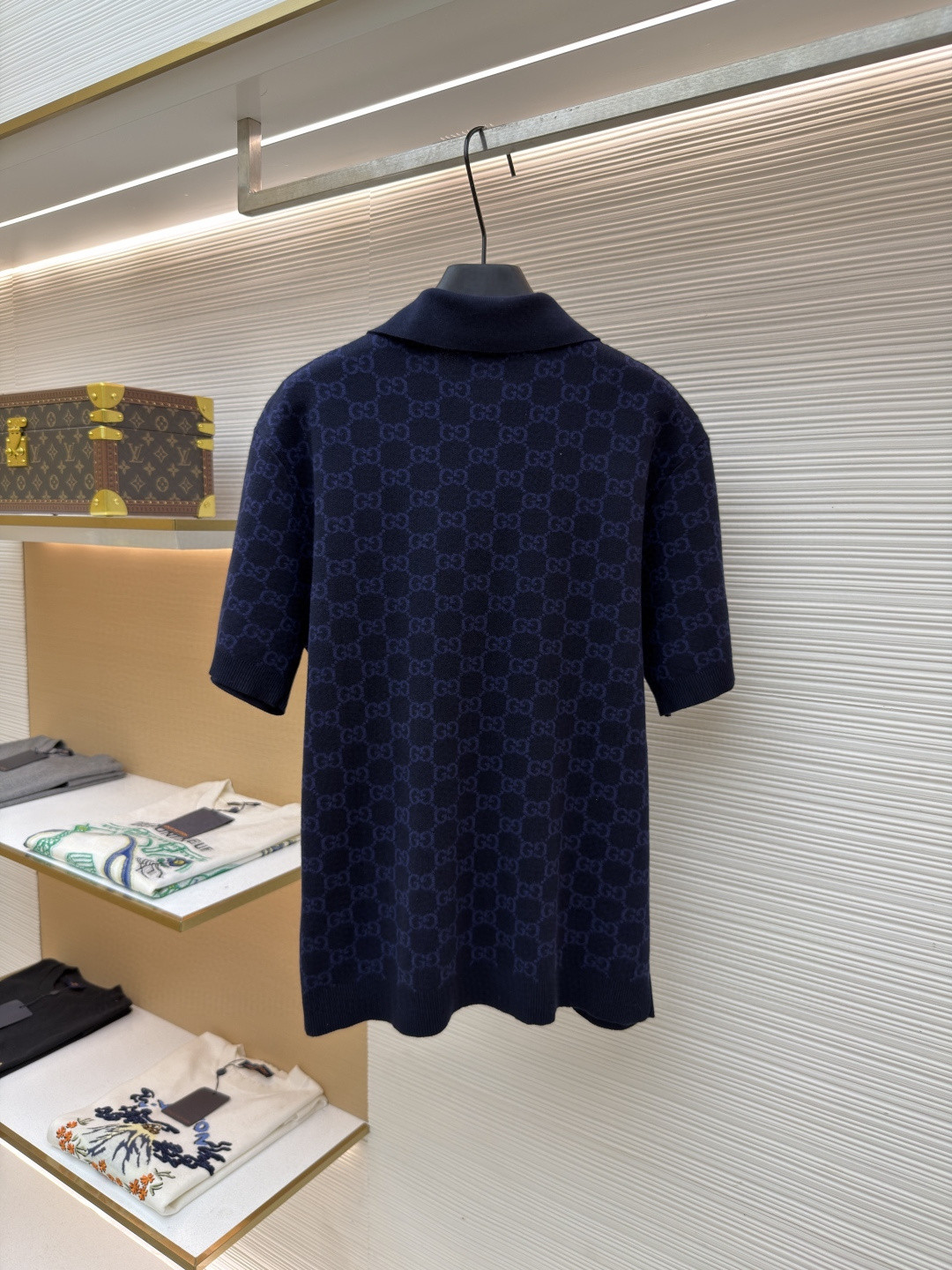 GUCCI 古驰 满印锁扣针织POLO衫 针织衫 夏季 短袖 藏蓝色 B0 
