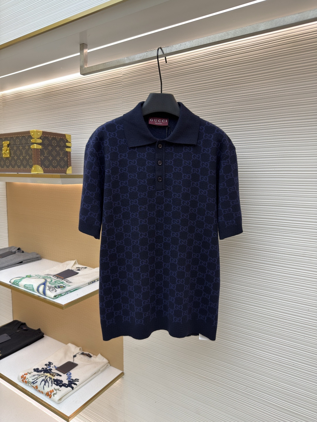 GUCCI 古驰 满印锁扣针织POLO衫 针织衫 夏季 短袖 藏蓝色 B0 