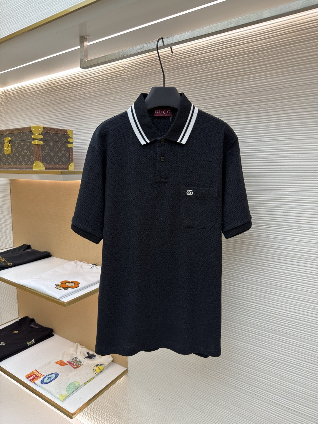 GUCCI 古驰 口袋双G针织POLO衫 T恤 夏季 短袖 蓝色 黑色 A2 795174XJG164003