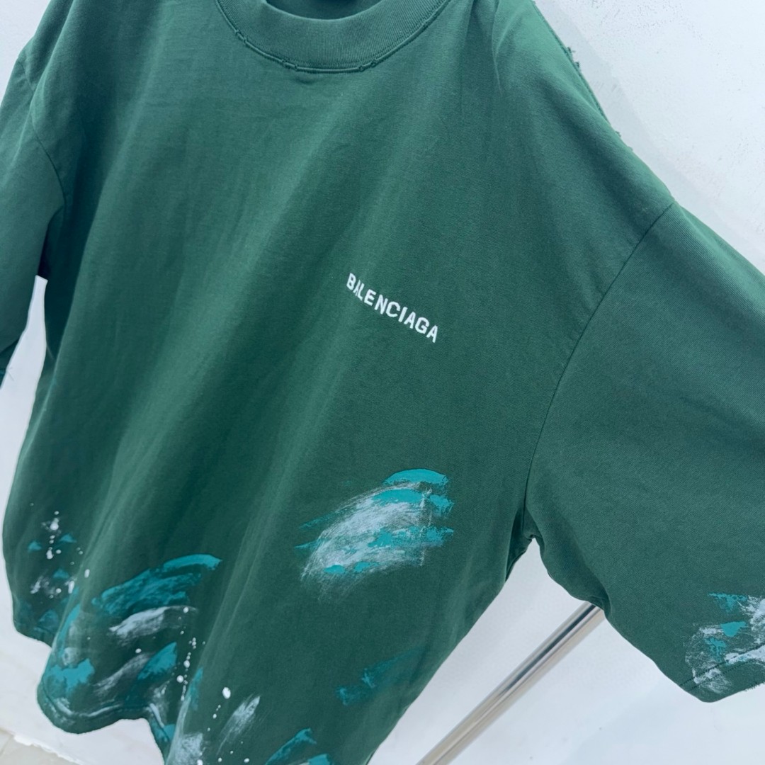 Balenciaga 巴黎世家 手绘涂鸦做旧圆领短袖 T恤 圆领 夏季 绿色 A0