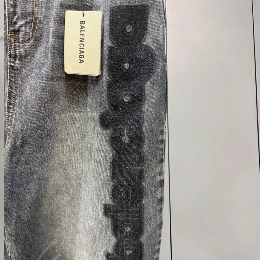 Balenciaga 巴黎世家 水洗植绒logo阔腿牛仔裤 长裤 裤子 碳灰色 C0 872163TUW561441