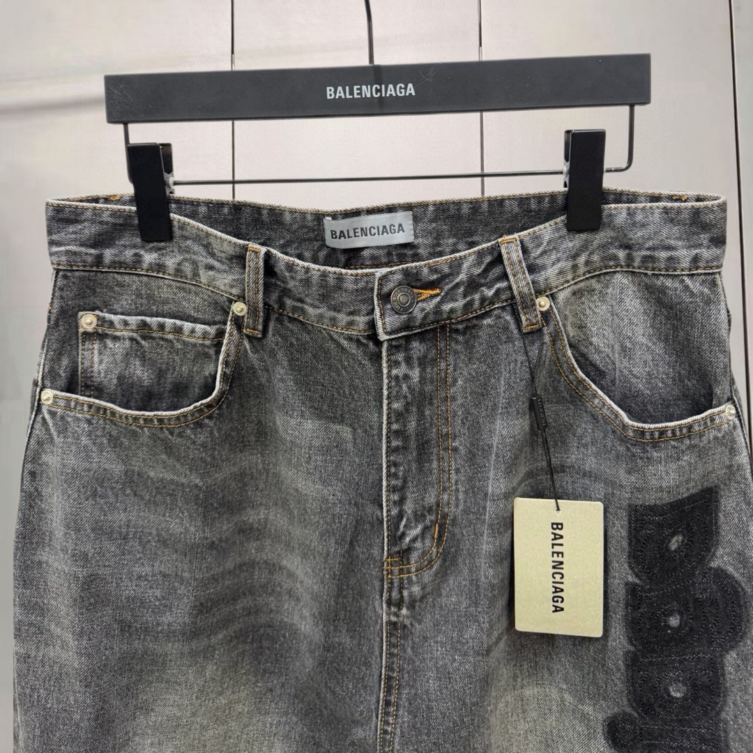 Balenciaga 巴黎世家 水洗植绒logo阔腿牛仔裤 长裤 裤子 碳灰色 C0 872163TUW561441