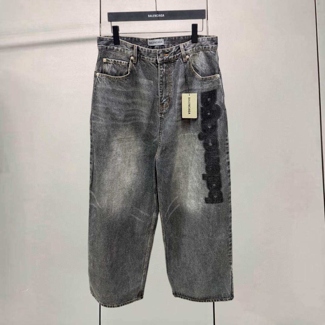 Balenciaga 巴黎世家 水洗植绒logo阔腿牛仔裤 长裤 裤子 碳灰色 C0 872163TUW561441
