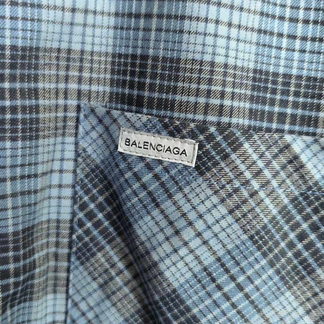 Balenciaga 巴黎世家 小标刺绣格纹拼接拉链衬衫夹克 外套 长袖 灰蓝色 B0 866527TUM044011