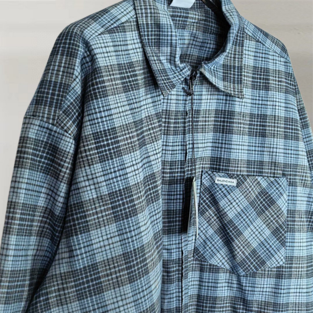 Balenciaga 巴黎世家 小标刺绣格纹拼接拉链衬衫夹克 外套 长袖 灰蓝色 B0 866527TUM044011