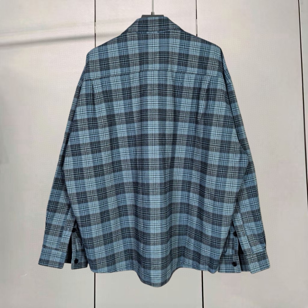 Balenciaga 巴黎世家 小标刺绣格纹拼接拉链衬衫夹克 外套 长袖 灰蓝色 B0 866527TUM044011