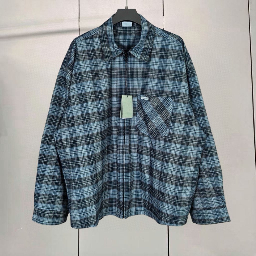 Balenciaga 巴黎世家 小标刺绣格纹拼接拉链衬衫夹克 外套 长袖 灰蓝色 B0 866527TUM044011
