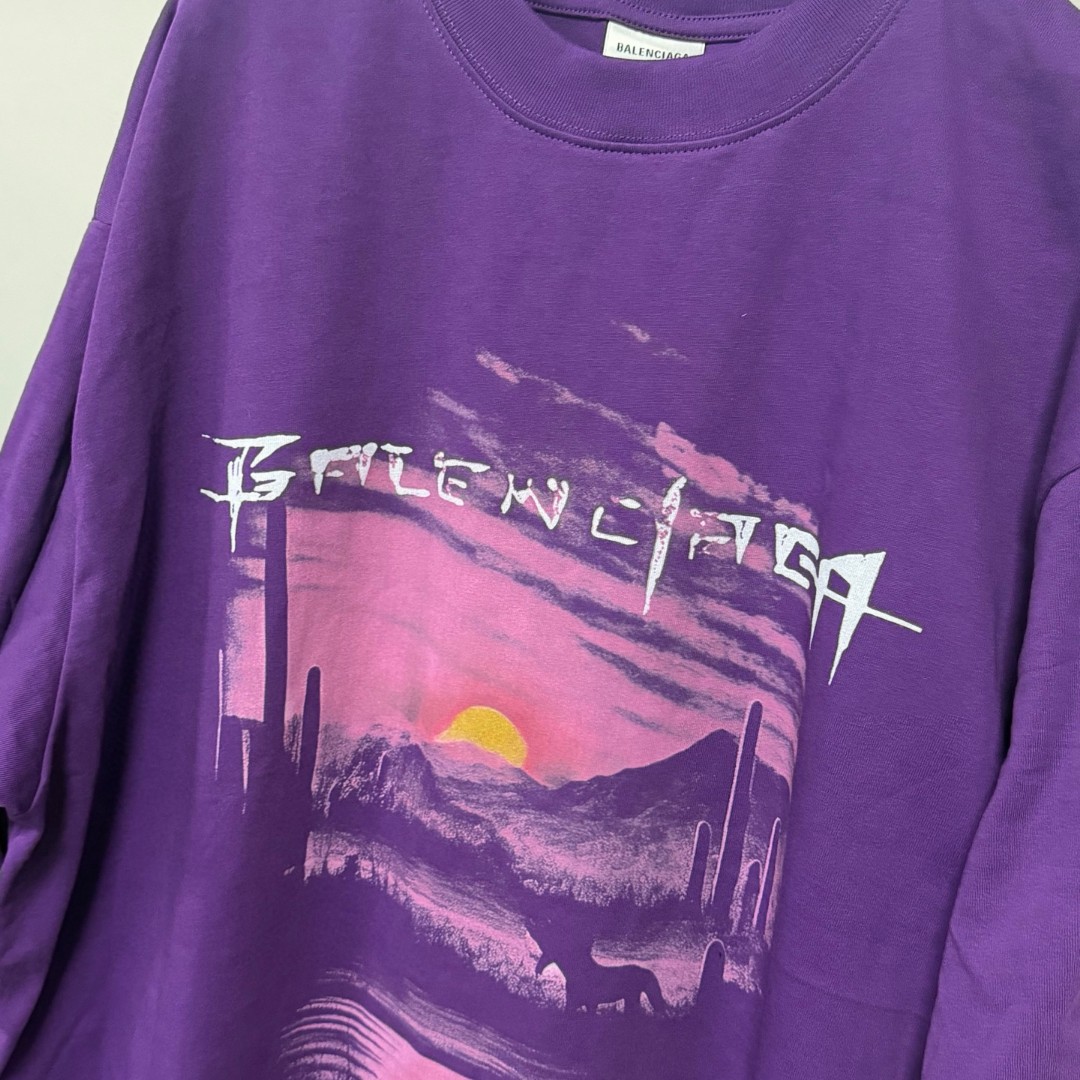 Balenciaga 巴黎世家 落日直喷印花圆领短袖 T恤 圆领 夏季 紫色 A0