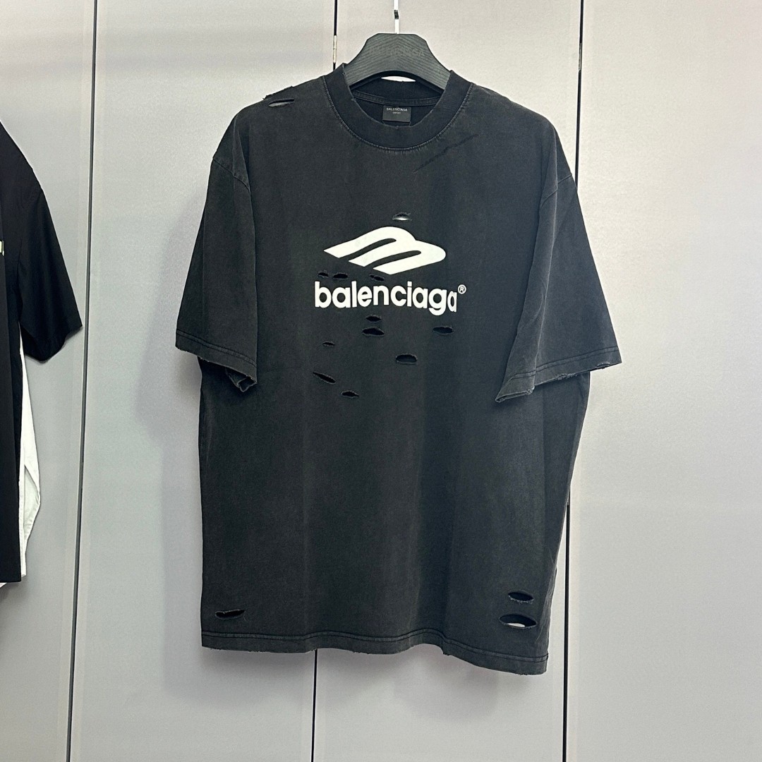 Balenciaga 巴黎世家 水洗割破3M印花圆领短袖 T恤 圆领 夏季 黑色 A0