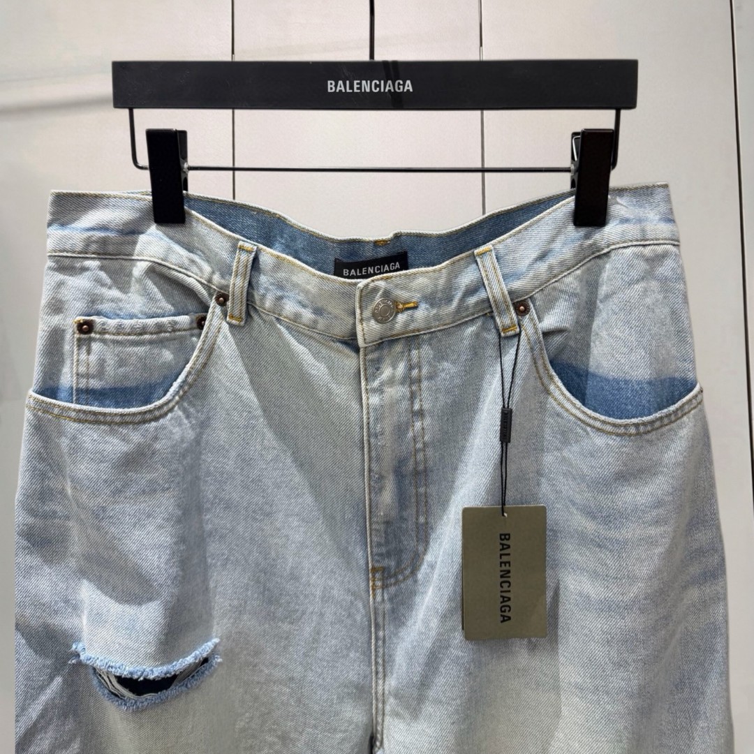 Balenciaga 巴黎世家 割破工艺脏脏牛仔裤 长裤 裤子 蓝色 B0 