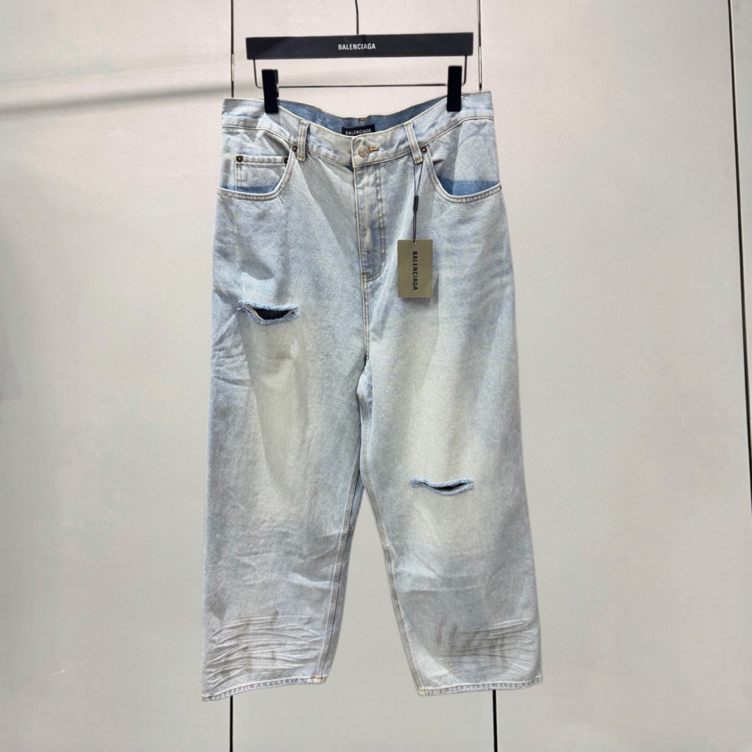 Balenciaga 巴黎世家 割破工艺脏脏牛仔裤 长裤 裤子 蓝色 B0 