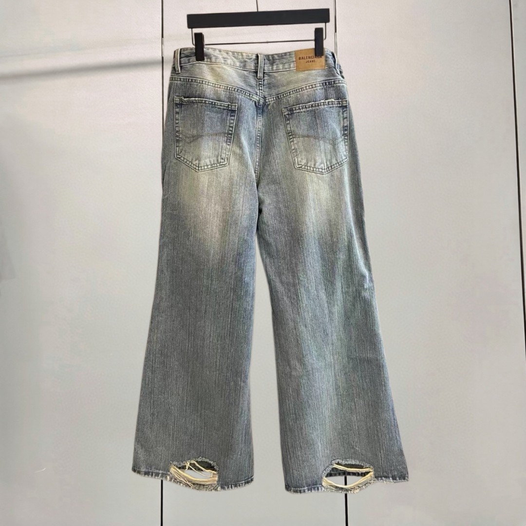 Balenciaga 巴黎世家 水洗破坏喇叭牛仔裤 长裤 裤子 蓝色 B0 