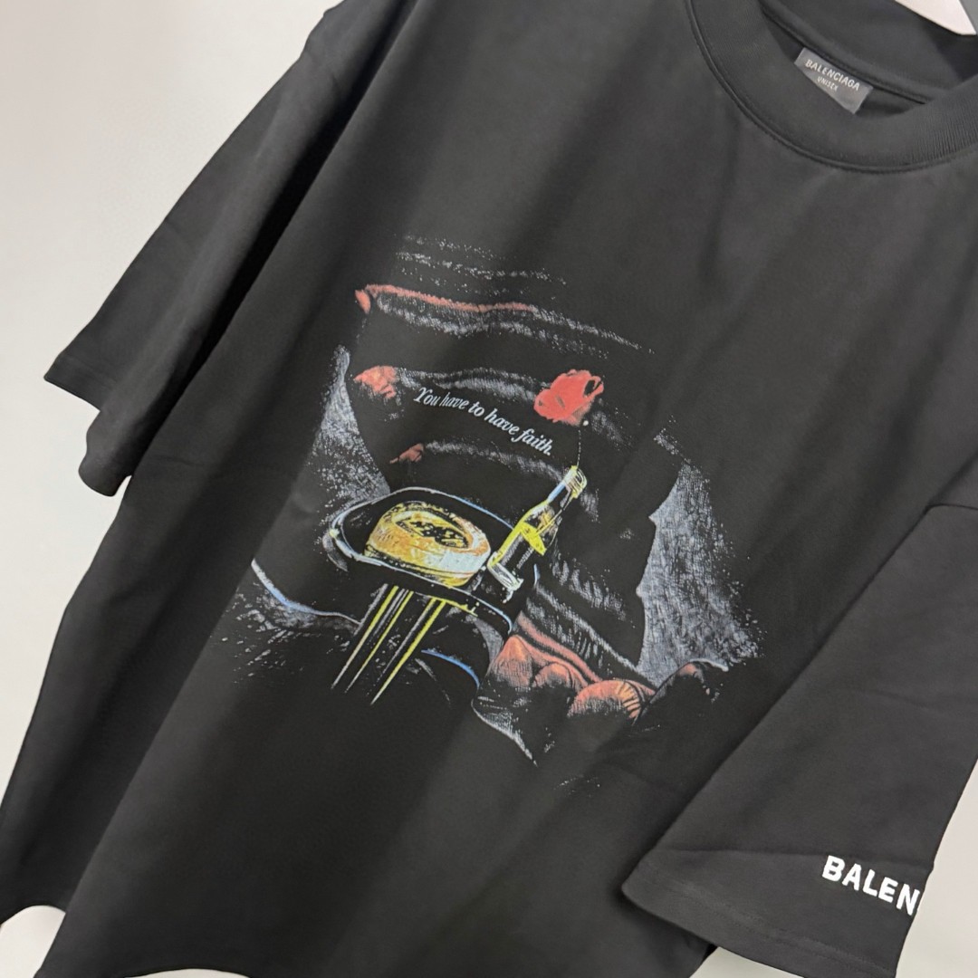 Balenciaga 巴黎世家 做旧玫瑰酒瓶印花圆领短袖 T恤 圆领 夏季 黑色 A0
