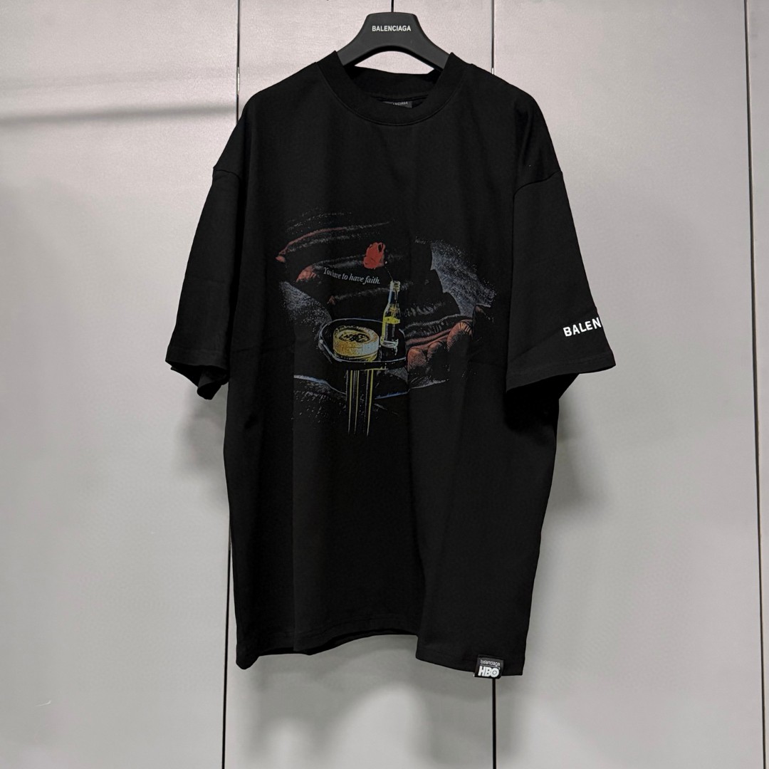Balenciaga 巴黎世家 做旧玫瑰酒瓶印花圆领短袖 T恤 圆领 夏季 黑色 A0